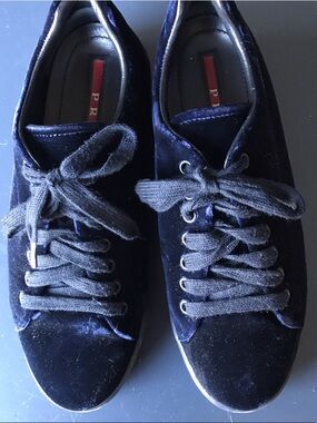 Prada women’s Dark Blue Velvet Lace-Up Sneakers